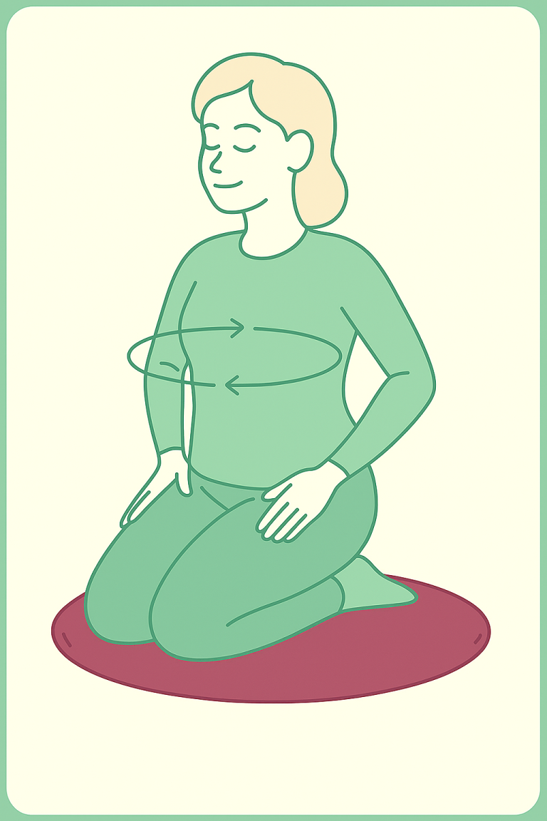 Jemand kniet mit geschlossenen Augen und zeigt eine Atemübung mit den Händen.